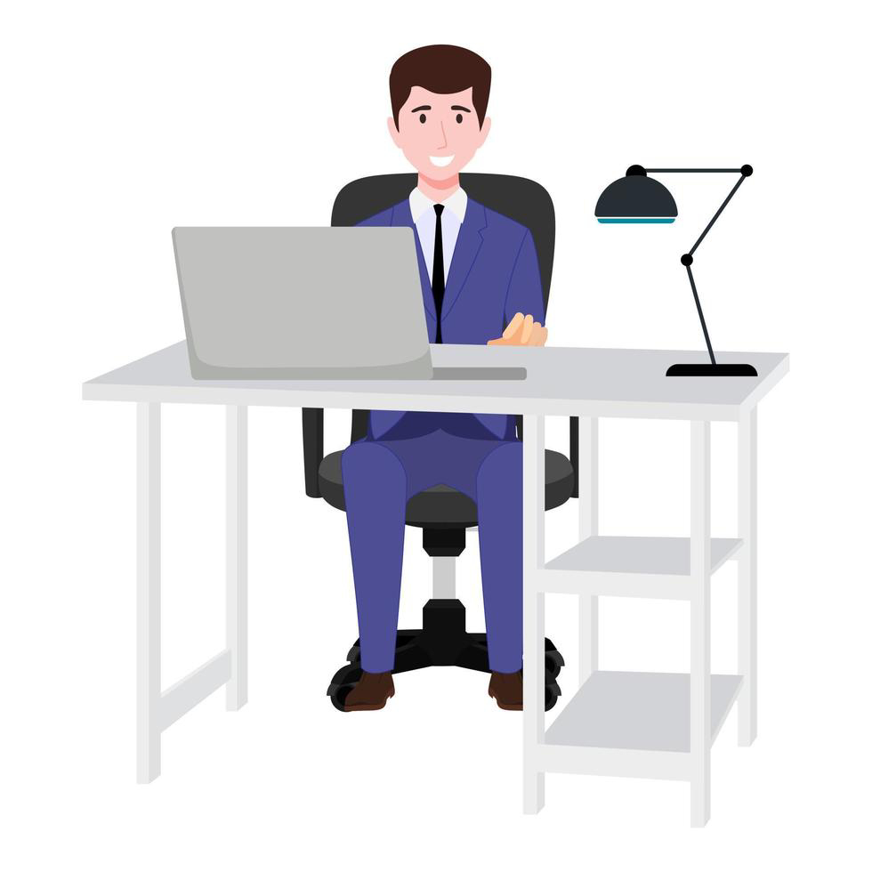 Cute businessman character sitting on modern home office desk with chair table and with pc laptop computer table lamp vector